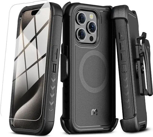Main image of MYBAT PRO Maverick Series iPhone 15 Pro Max Case with Belt Clip Holster,[Compatible with Magsafe] w/Screen Protector,Anti-Drop,Shockproof,with 360°Rotating Kickstand,Heavy Duty Protection Black