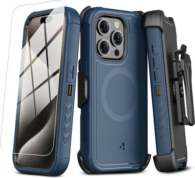 Main image of MYBAT PRO Maverick Series iPhone 15 Pro Max Case with Belt Clip Holster,with Screen Protector,Anti-Drop,Shockproof,with 360°Rotating Kickstand,Heavy Duty Protection Blue