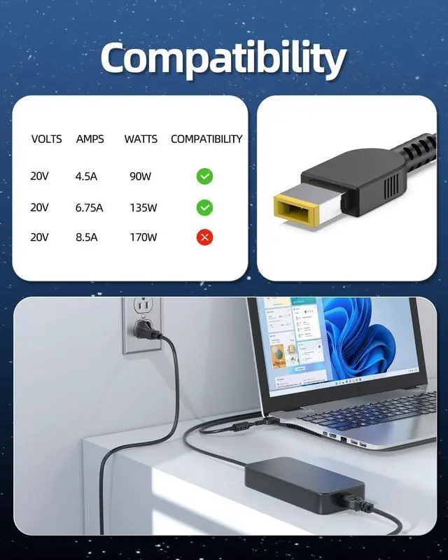 Alt view image 3 of 7 - 135W AC Charger Fit for Lenovo ADL135NDC3A ADL135NLC3A ADL135NDC2A ADL135NLC2A ADL135SCC3A 4X20E50558 4X20E50569 4X20E50564 PA-1131-72 Laptop