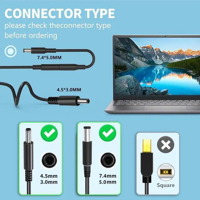Alt view image 3 of 7 - 65W/45W Laptop Charger for  Inspiron 14 15 16 3000 5000 3511 3510 3501 3535 3530 3520 3521 3525 3542 5620 5625 5593 5510 5575 5420 Vostro 3425 3520 5630 19.5V-3.34A Power Supply Cord