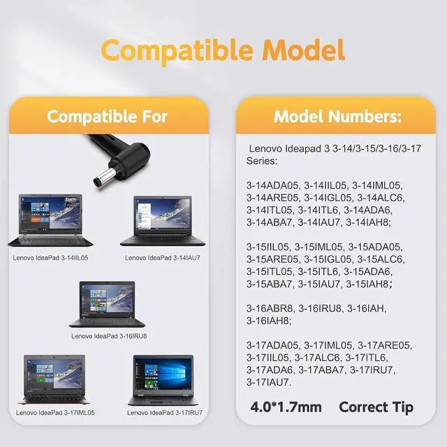 Alt view image 3 of 7 - 65W Charger for Lenovo IdeaPad 1/1i/3/3i/5/5i Laptop- IdeaPad 110 110S 310 320 330 330s 510 520 530s 710s AC Adapter; IdeaPad S145 S340 S540 L340 Power Supply Cord Round Tip