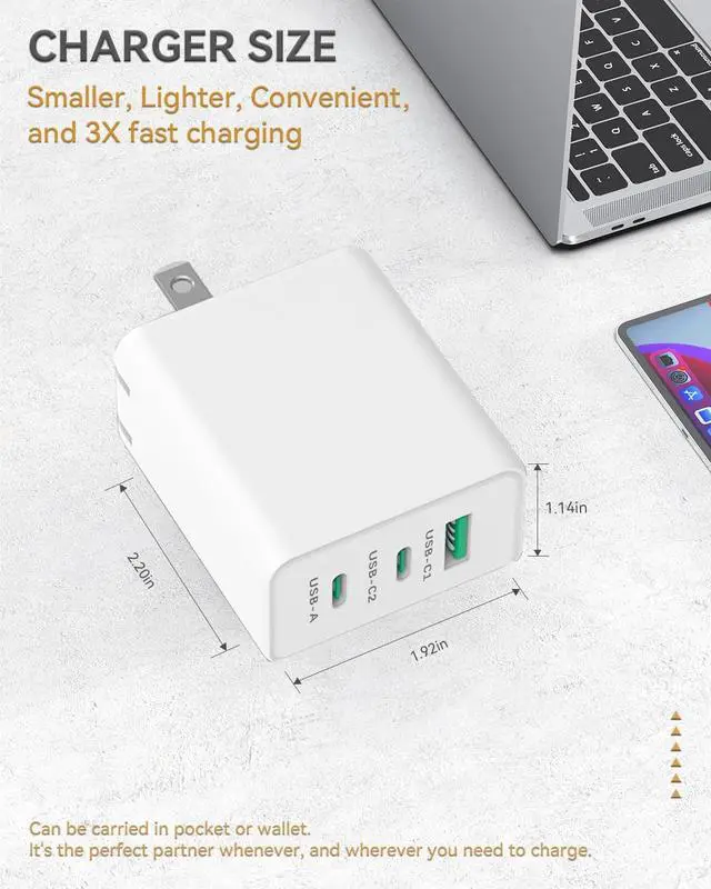 Alt view image 6 of 6 - USB C Charger 65W GaN Fast Charging, PPS 3-Port Fast Compact Foldable USB-C Wall Charger Compatible with MacBook Pro/Air, iPad Pro, Galaxy S23/S22, iPhone 15/14, Dell XPS, Laptop
