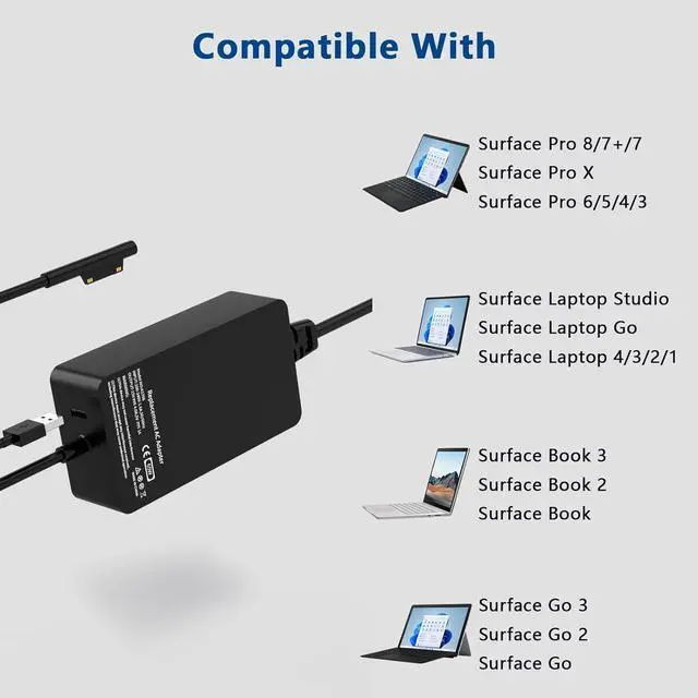 Alt view image 6 of 7 - Surface Pro Laptop Charger 65W Compatible with Microsoft Surface Charger, Surface Pro 10,9,8,7+,7,6,5,4,3,X, Windows Surface Laptop 6,5,4,3,2,1,Surface Book Go Tablet,Support 44W,36W,8FT Cord