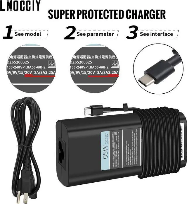 Alt view image 2 of 6 - 65W USB C Laptop Charger for Dell Laptop Charger,for Dell Chromebook 3100 3300 3380 charger Latitude 5540 5440 5420 5520 5320 7410 7310 2-in-1 Laptop Charger Type C