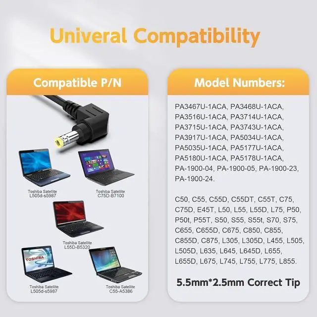 Alt view image 3 of 7 - Laptop Charger for Toshiba Satellite PA3468U-1ACA, PA3516U-1ACA, PA3714U-1ACA, PA5035U-1ACA, PA5177U-1ACA, PA5180U-1ACA, PA3467U-1ACA, PA-1900-04, PA-1900-05, PA-1900-24 Power Supply Cord