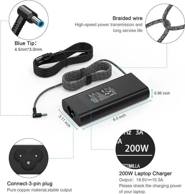 Alt view image 2 of 7 - 200W 19.5V 10.3A Laptop Charger for HP Omen Pavilion Gaming 15 16 17 15t 17t,ZBook Fury Create Studio 15 17 G3 G4 G5 G6 G7 G8 G9,L00818-850 TPN-DA10 L00895-003 AC Adapter Power Supply Cord