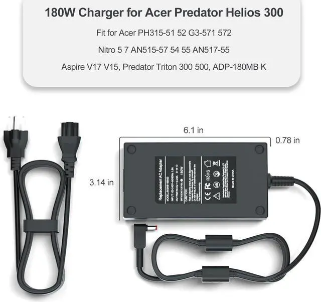 Alt view image 5 of 7 - 180W Charger for Acer Predator Helios 300 - Fit for Acer PH315-51 52 G3-571 572, Nitro 5 7 AN515-57 54 55 AN517-55,Aspire V17 V15, Predator Triton 300 500, ADP-180MB K Power Adapter Supply Cord