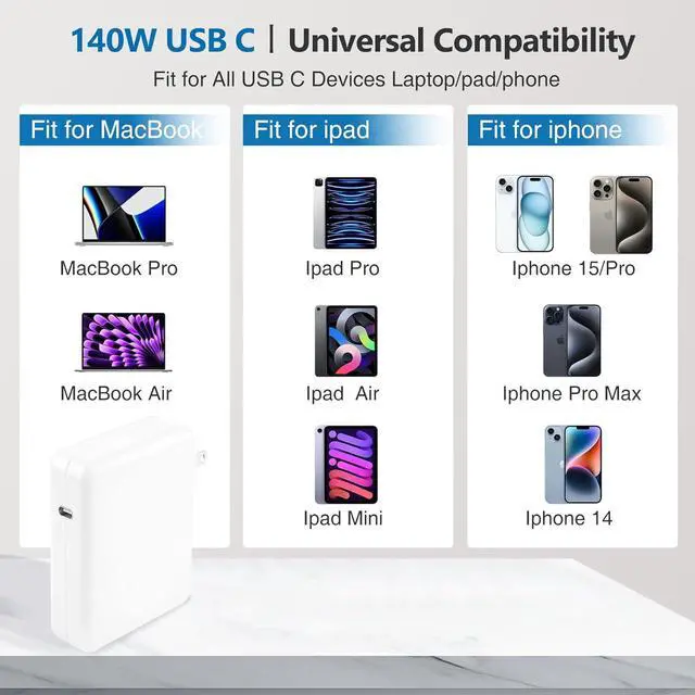 Alt view image 3 of 7 - Charger for Mac Book Pro 140W USB-C Power Adapter Compatible with MacBook Pro 16 15 14 13 Inch MacBook Air 13 Inch iPad Pro 2024/2023/2022/2011/2020 M1 M2 M3 Included 6.6ft USB C to C Cable