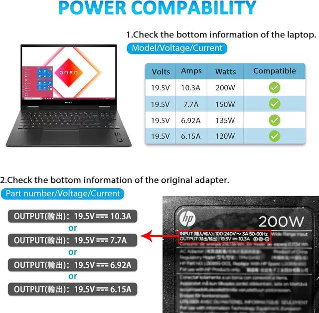 Alt view image 4 of 7 - 200W Laptop Charger for HP Original Omen Pavilion Gaming 15 16 17 Victus 15 16 ZBook 15 17 Fury Create Studio Envy 15 2020,TPN-DA10 L00818-850 L00895-003 Gaming Laptop Power Adapter Supply AC Adapter