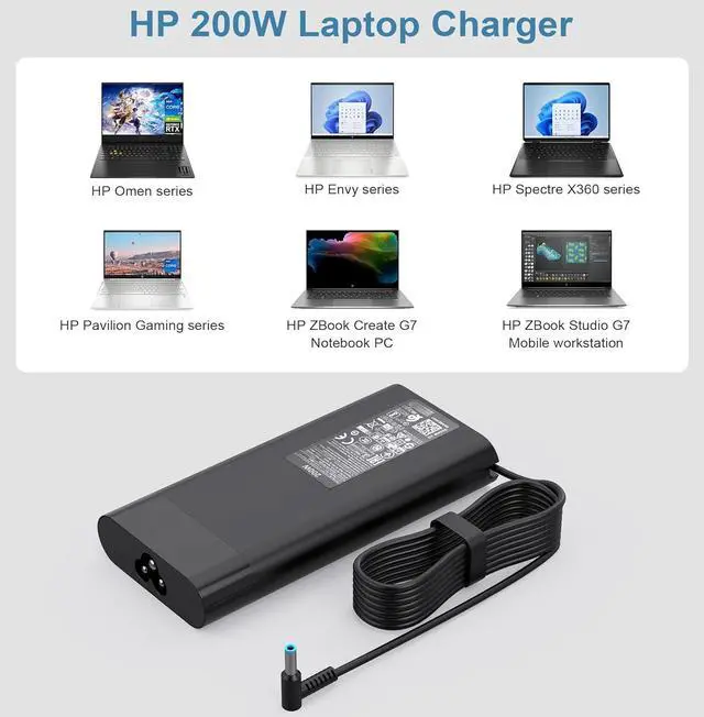 Alt view image 6 of 7 - 200W 10.3A Laptop Charger for HP OMEN Pavilion Gaming 15 16 17 Victus 15 16 16-e1163nr Zbook 15 17 Envy 15 15u 2020 TPN-DA10 TPN-LA21 L00818-850 L00895-003 ADP-200HB B AC Adapter Power Cord
