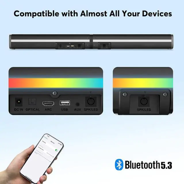 Alt view image 4 of 7 - Sound Bars for TV with Built-in Subwoofer, Colorful LED Light Bar Speakers, 2.2ch 32 Inches Detachable Soundbar, Bluetooth 5.3/ARC/Optical/AUX/USB Connection for Home, Parties