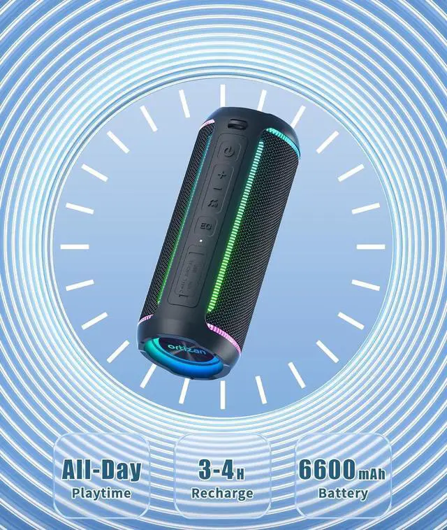 Alt view image 5 of 7 - Ortizan Portable Bluetooth Speaker, 40W Loud Sound and Deep Bass, IPX7 Waterproof, True Wireless Stereo, Bluetooth 5.3, Colorful Flashing Lights, Preset EQ, USB Play, for Home, Outdoor, Party, Black