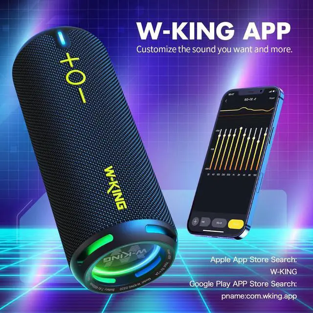 Alt view image 4 of 7 - W-KING Bluetooth Speaker, IPX7 Waterproof Portable Speaker Bluetooth Wireless Loud with Dual Voice Coil, Customized EQ APP/Deep Bass, 40W 360° Sound Outdoor Shower Speaker, Party Lights/V5.3/TF/AUX