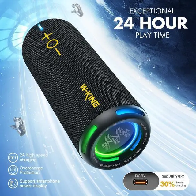 Alt view image 6 of 7 - W-KING Bluetooth Speaker, IPX7 Waterproof Portable Speaker Bluetooth Wireless Loud with Dual Voice Coil, Customized EQ APP/Deep Bass, 40W 360° Sound Outdoor Shower Speaker, Party Lights/V5.3/TF/AUX