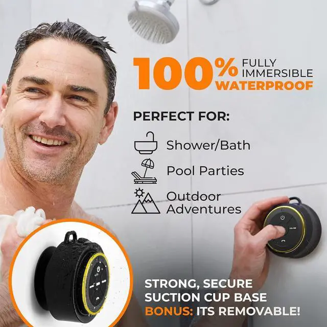 Alt view image 2 of 7 - iFox Portable Bluetooth Shower Speaker, IPX7 Waterproof Outdoor Wireless Speaker, Built-in Mic, Carabiner, Beach, Camping, Hiking, Pool, Great Gift, Black/Gold