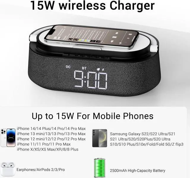 Alt view image 4 of 7 - Bluetooth Speaker with Wireless Charger, FM Radio, Adjustable LED Night Light, Dual Wireless Speakers, Suitable for Decoration, Bedroom, Home, Office, Gift