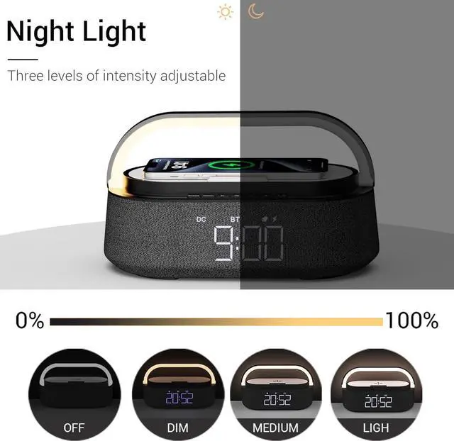 Alt view image 6 of 7 - Bluetooth Speaker with Wireless Charger, FM Radio, Adjustable LED Night Light, Dual Wireless Speakers, Suitable for Decoration, Bedroom, Home, Office, Gift