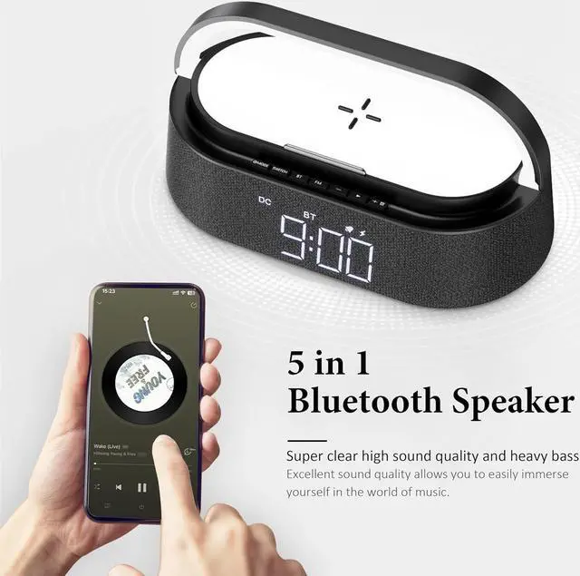 Alt view image 5 of 7 - Bluetooth Speaker with Wireless Charger, FM Radio, Adjustable LED Night Light, Dual Wireless Speakers, Suitable for Decoration, Bedroom, Home, Office, Gift