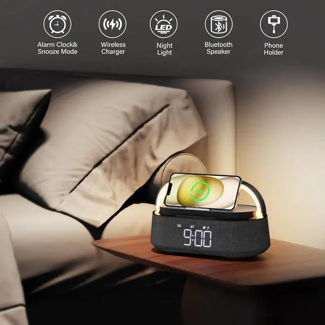 Alt view image 3 of 7 - Bluetooth Speaker with Wireless Charger, FM Radio, Adjustable LED Night Light, Dual Wireless Speakers, Suitable for Decoration, Bedroom, Home, Office, Gift