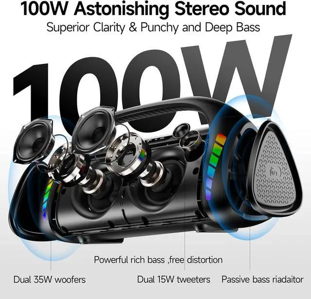 Alt view image 2 of 7 - LFS Bluetooth Speaker,100W Loud Speakers Bluetooth Wireless with Deep Bass, Portable Bluetooth Speakers Wireless with Power Bank, LED Lights,Waterproof, 30hours Playtime for Outdoor Home