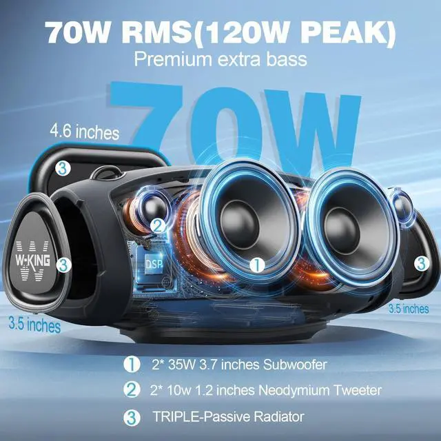 Alt view image 2 of 7 - W-KING Portable Loud Bluetooth Speakers with Wireless Microphone, (120W PEAK)70W Outdoor Speaker Bluetooth Wireless Waterproof, Triple Passive Radiators-Deep Bass/Hi-fi/DSP/Power Bank/TF/AUX/EQ/Opener