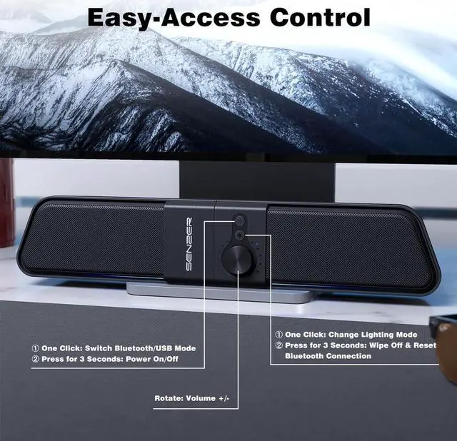 Alt view image 6 of 7 - CS20 Computer Speakers - Pc Speakers with Stereo Sound, Flowing LED & Volume Knob - Gaming SoundBar for Laptop Desktop Monitor(USB-Powered & Bluetooth)