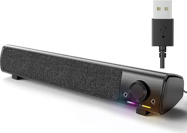 Main image of Computer Speakers, USB Powered 3.5mm AUX PC Sound Bar for Desktop Monitor, Gaming Speakers with Headphones & Microphone Link, Superb Stereo Sound, Plug-n-Play (Black)