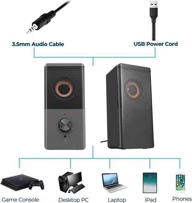 Alt view image 7 of 7 - Computer Speaker, Compact Size Speaker with Headphone Jack, Enhanced Bass and Volume Control, Stereo 2.0 USB Powered 3.5mm Aux Multimedia Speakers for Laptop/Desktop/Tablets/Phone