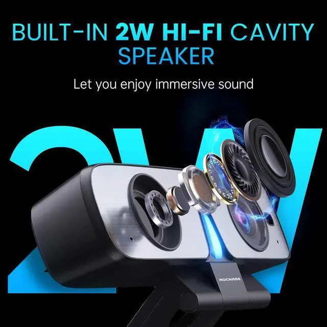 Alt view image 4 of 7 - ROCWARE RC08 2K Webcam with Speaker, Webcam for PC, HD Web Cam with Noise Reduction Mic/Harman Speaker/4X Eptz/Privacy Cover/0.2S Auto-Focus/Low Illumination, Computer Camera for Zoom/Teams/Meeting