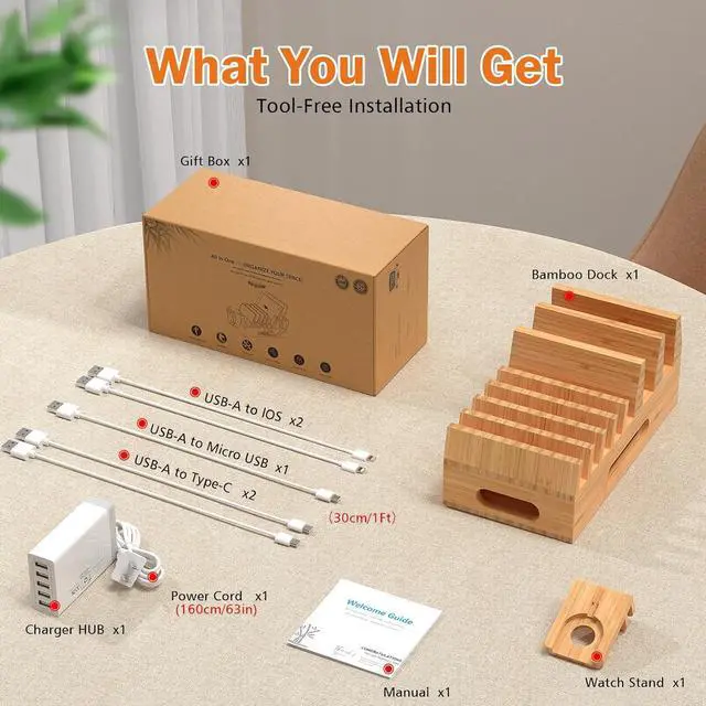 Alt view image 3 of 7 - Bamboo Charging Station Holder with 5 Port USB Charger, 5 x Charge Cables, Watch Stand, Wood Docking Stand Electronic Organizer for Multiple Devices, Phones, Tablets and More