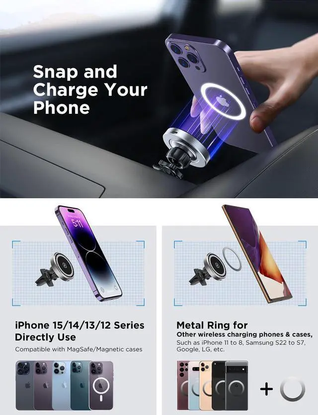 Alt view image 2 of 7 - for MagSafe Car Mount Charger, 15W Fast Charging Magnetic Wireless Car Charger Air Vent Dash Windshield Car Phone Holder Mount for iPhone 15/14/13/12 Series and MagSafe/Magnetic Cases