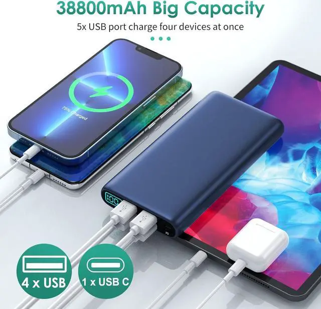 Alt view image 4 of 7 - Portable Charger 38800mAh,LCD Display Power Bank,5 USB Outputs Battery Pack Backup,USB-C in&out Dual Input Phone Charging Compatible with iPhone 16/15/14/13 Pro,Android Samsung Galaxy Pixel Nexus-Blue