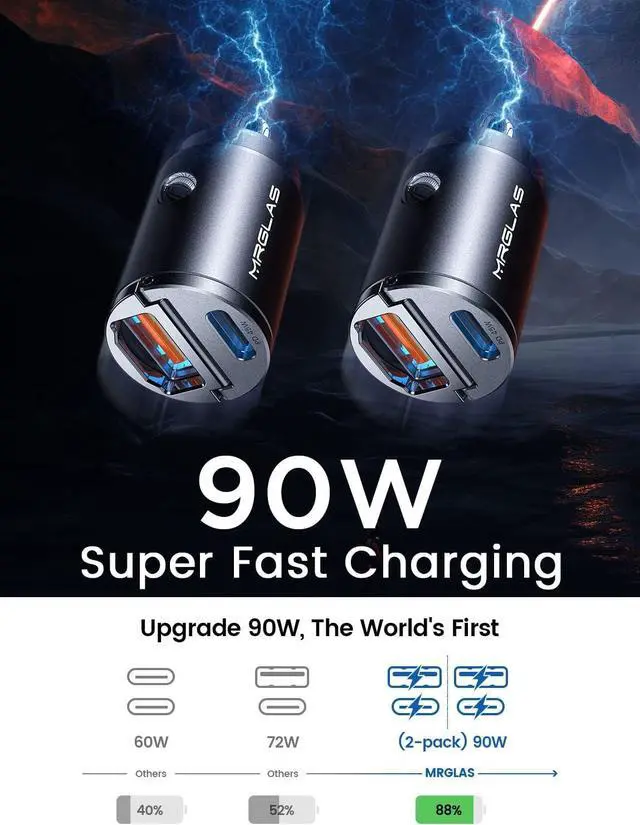 Alt view image 2 of 6 - 2-Pack 90W USB C Car Charger [Super Mini Metal] Car Charger Fast Charging Adapter PD+QC3.0 Dual Port Type C Car Cigarette Lighter USB Charger Compatible iPhone 16 15 14 Pro Max iPad  S24