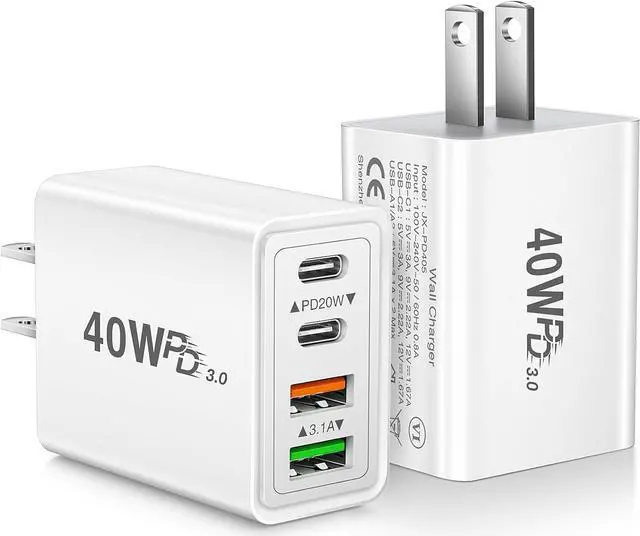 Main image of [2-Pack] USB C Wall Charger, 40W 4-Port PD Fast USB C Charging Block, 2USB C+2USB A Multiport Plug,Type C Power Adapter Brick for iPhone 16 15 14 13 12 11 Pro Max XS XR, iPad, SamsungTablet