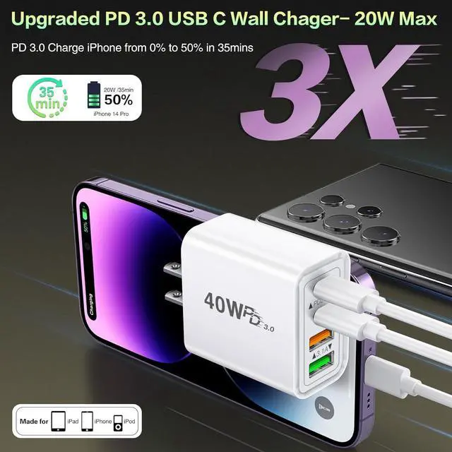 Alt view image 3 of 7 - [2-Pack] USB C Wall Charger, 40W 4-Port PD Fast USB C Charging Block, 2USB C+2USB A Multiport Plug,Type C Power Adapter Brick for iPhone 16 15 14 13 12 11 Pro Max XS XR, iPad, SamsungTablet