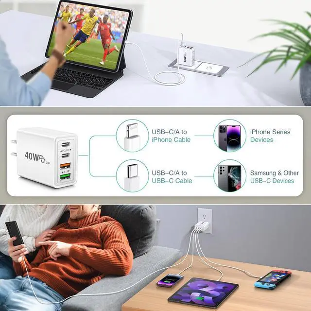 Alt view image 6 of 7 - [2-Pack] USB C Wall Charger, 40W 4-Port PD Fast USB C Charging Block, 2USB C+2USB A Multiport Plug,Type C Power Adapter Brick for iPhone 16 15 14 13 12 11 Pro Max XS XR, iPad, SamsungTablet