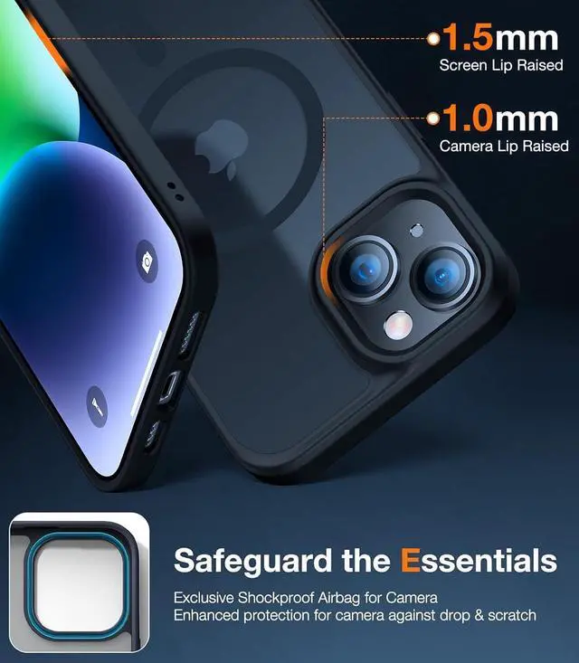 Alt view image 5 of 7 - TORRAS Magnetic Shockproof for iPhone 15 Case iPhone 14 Case, 12FT Military Grade Drop Protection, Translucent Slim Protective Anti-Scratch, Black