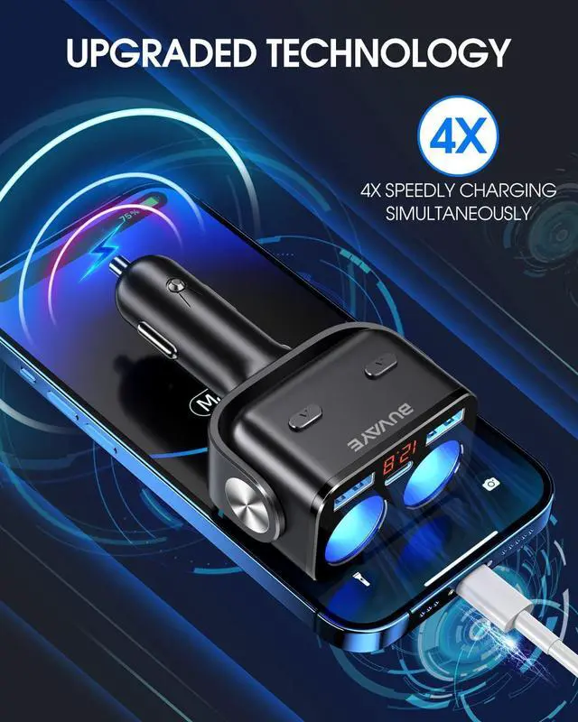 Alt view image 2 of 6 - USB C Car Charger, BUVAYE 2-Socket Cigarette Lighter Splitter with 12V/24V Dual PD30W & QC3.0 Fast Charging, Cigarette Lighter Adapter Separate Switch LED Voltage Display for Phone, GPS, Dash Cam