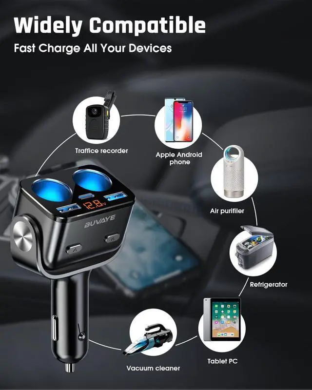 Alt view image 4 of 6 - USB C Car Charger, BUVAYE 2-Socket Cigarette Lighter Splitter with 12V/24V Dual PD30W & QC3.0 Fast Charging, Cigarette Lighter Adapter Separate Switch LED Voltage Display for Phone, GPS, Dash Cam