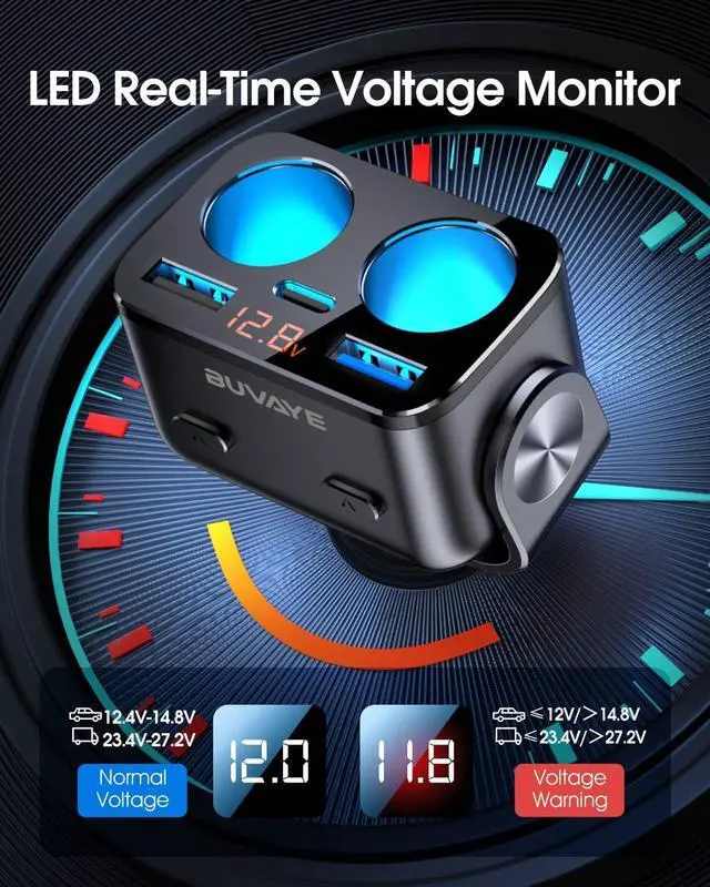 Alt view image 3 of 6 - USB C Car Charger, BUVAYE 2-Socket Cigarette Lighter Splitter with 12V/24V Dual PD30W & QC3.0 Fast Charging, Cigarette Lighter Adapter Separate Switch LED Voltage Display for Phone, GPS, Dash Cam