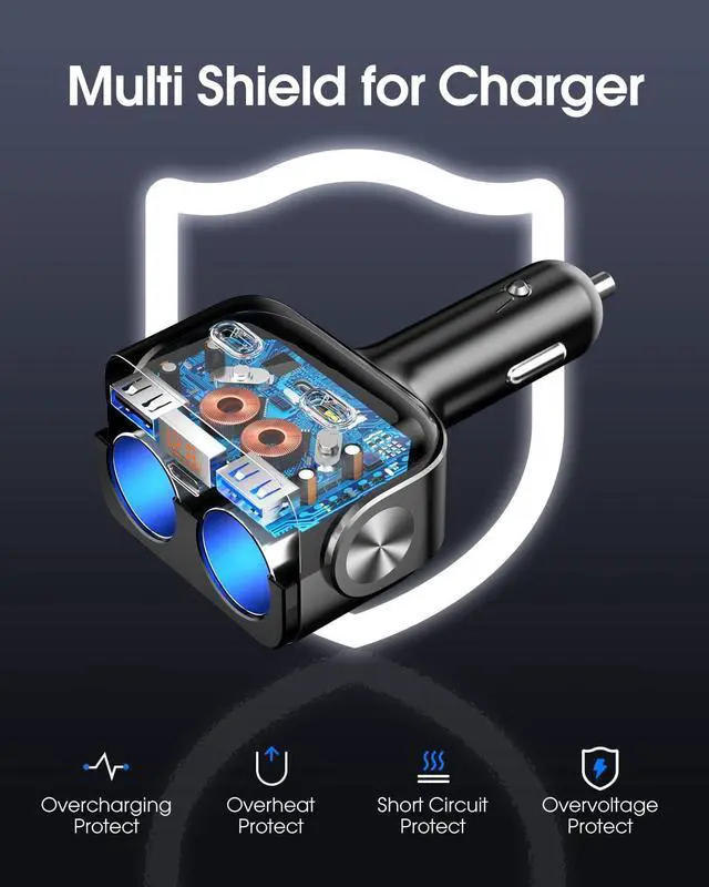 Alt view image 5 of 6 - USB C Car Charger, BUVAYE 2-Socket Cigarette Lighter Splitter with 12V/24V Dual PD30W & QC3.0 Fast Charging, Cigarette Lighter Adapter Separate Switch LED Voltage Display for Phone, GPS, Dash Cam