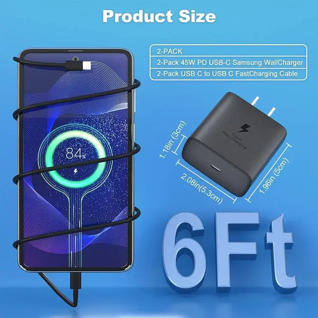 Alt view image 4 of 7 - 45W Samsung Charger Type C Super Fast Charging 2Pack USB C Android Charger for Samsung Galaxy S23 Ultra/S23/S23+/S22/S22 Ultra/+/S20/S21, i Phone 15 Charger, Galaxy Tab S7/S8,PD3.0,PPS,QC 4.0