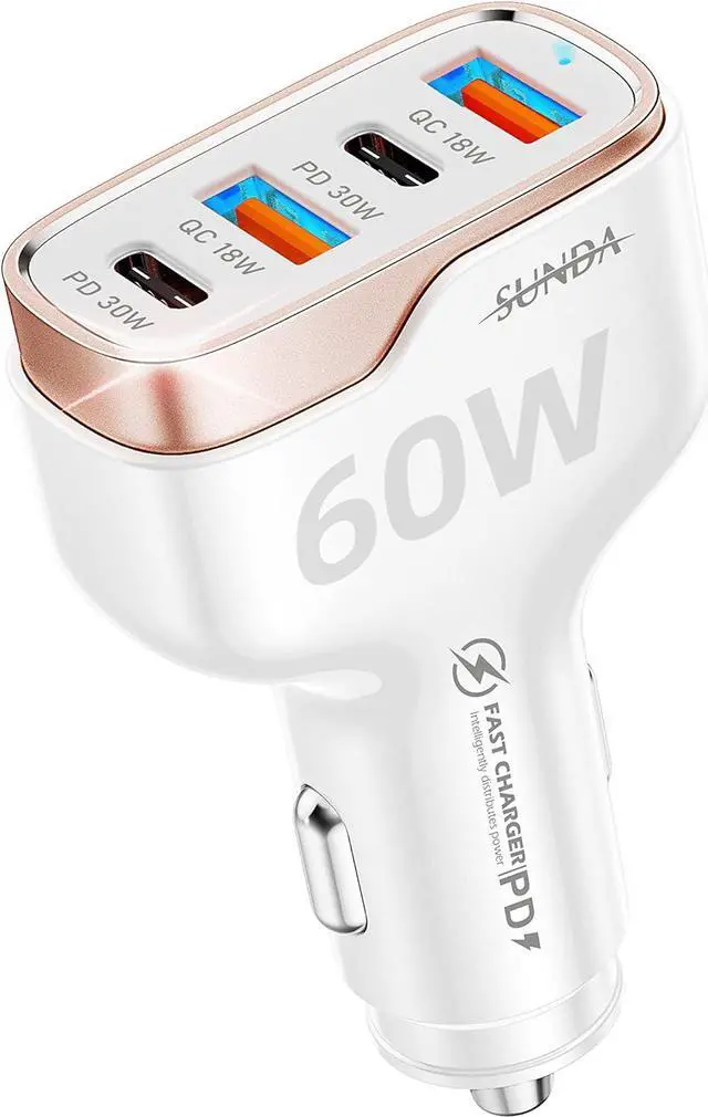 Main image of SUNDA 60W USB C Fast Car Charger, 4-Ports Car Charger Adapter, Dual Type C PD30W/PPS30W Compatible with iPhone16/15 Pro/Max/iPhone14/iPad Pro/Galaxy/SamsungS24, Dual USB-A 18W QC3.0 for Android