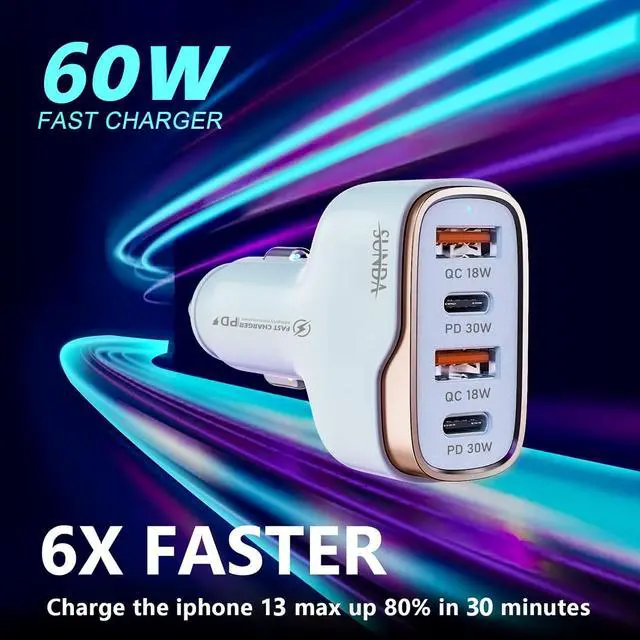 Alt view image 3 of 7 - SUNDA 60W USB C Fast Car Charger, 4-Ports Car Charger Adapter, Dual Type C PD30W/PPS30W Compatible with iPhone16/15 Pro/Max/iPhone14/iPad Pro/Galaxy/SamsungS24, Dual USB-A 18W QC3.0 for Android
