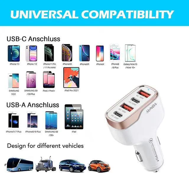 Alt view image 7 of 7 - SUNDA 60W USB C Fast Car Charger, 4-Ports Car Charger Adapter, Dual Type C PD30W/PPS30W Compatible with iPhone16/15 Pro/Max/iPhone14/iPad Pro/Galaxy/SamsungS24, Dual USB-A 18W QC3.0 for Android