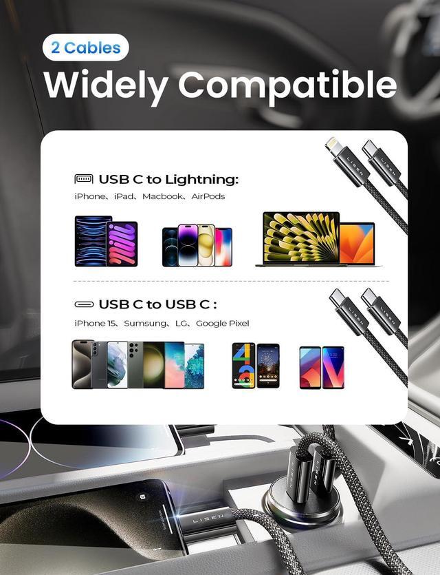 Alt view image 7 of 7 - 90W USB C Car Charger Fast Charging, Dual USB C Port PD 45W Cigarette Lighter Adapter USBC Car Charger iPhone, LISEN Super Fast Car Charger USB C with Lightning Cable & USB C Cable for iPhone 15