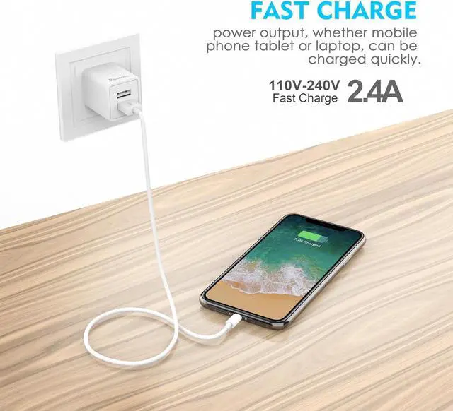 Alt view image 2 of 7 - Dual Port Wall Charger Plug with 5-Feet Cable Charge Sync Compatible with iPhone 14/14 Pro Max/13/12/12 Mini/11/X/8/8 Plus/7/6/5 iPods iPads Airpods (2-Packs)(Black) (White)