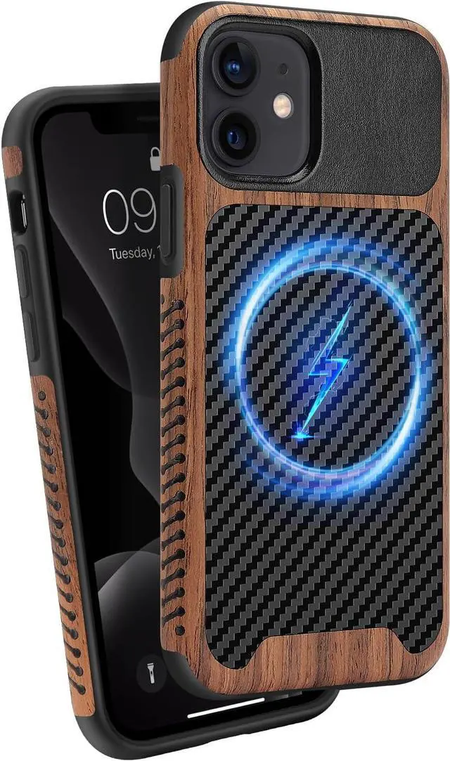 Main image of Magnetic Case Compatible with iPhone 11 Case [Compatible with MagSafe] Wood and Leather Carbon Fiber Design Hybrid Shockproof Phone Case (Black)