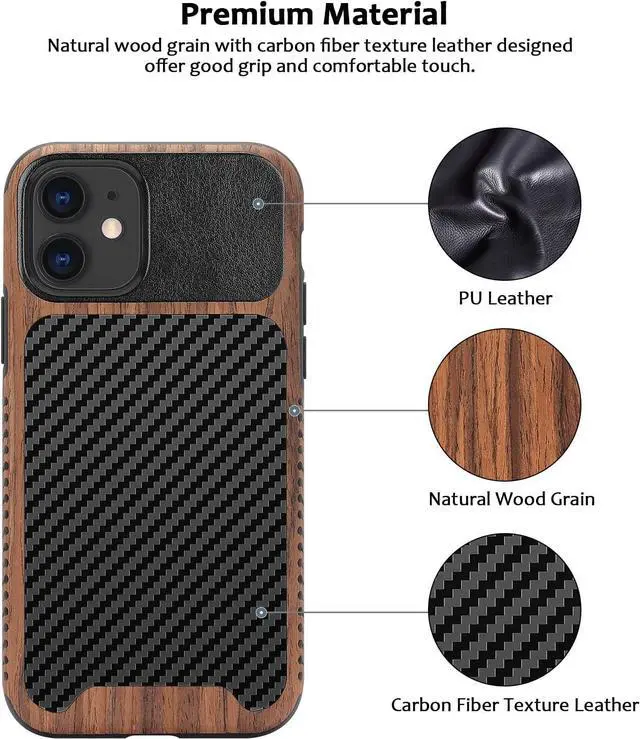 Alt view image 2 of 6 - Magnetic Case Compatible with iPhone 11 Case [Compatible with MagSafe] Wood and Leather Carbon Fiber Design Hybrid Shockproof Phone Case (Black)