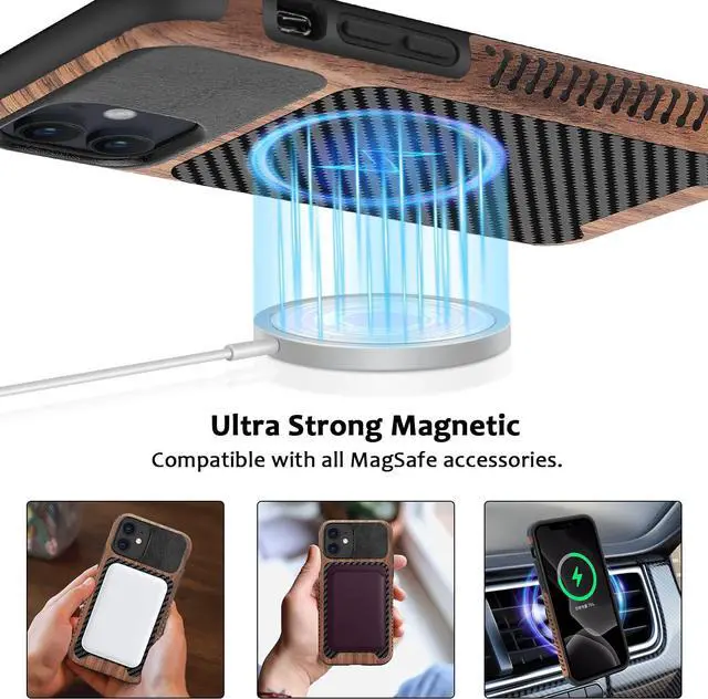 Alt view image 4 of 6 - Magnetic Case Compatible with iPhone 11 Case [Compatible with MagSafe] Wood and Leather Carbon Fiber Design Hybrid Shockproof Phone Case (Black)